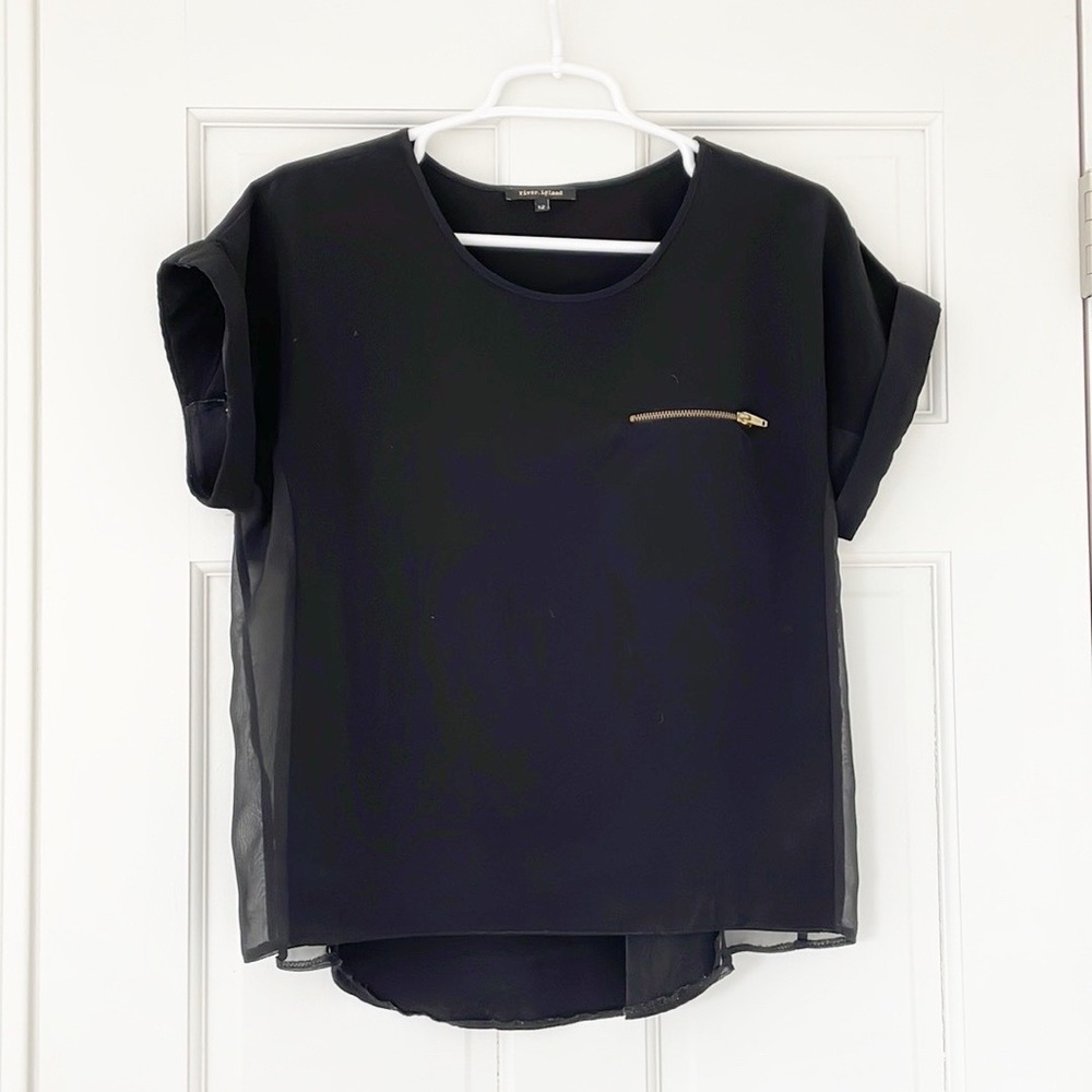 RIVER ISLAND shirt size 12 black top shortsleeve mesh detail gold zip blouse - Picture 1 of 5